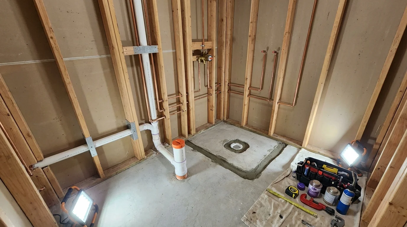 Bathroom rough-in plumbing during remodel by Johns Plumbing LLC in Irwinton