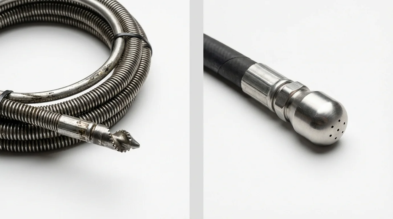 Drain snake cable and hydro jetting nozzle used for drain cleaning in Irwinton, GA