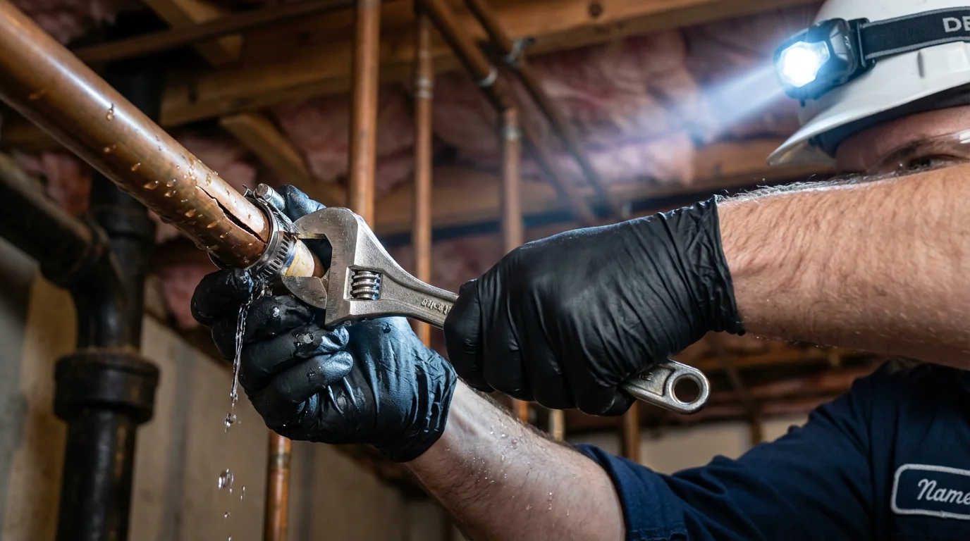 Emergency pipe clamp repair being performed by a Johns Plumbing LLC plumber in Irwinton