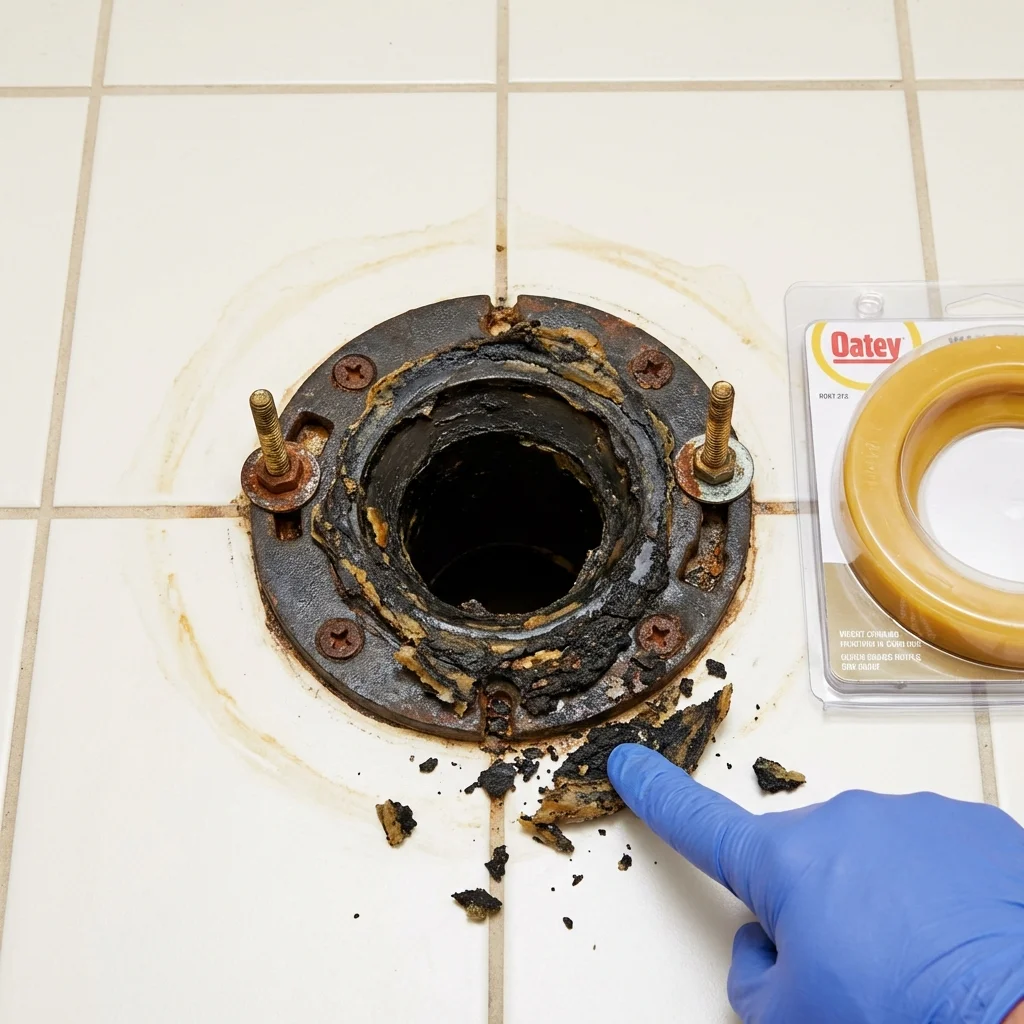 Failed wax ring showing water seepage at the base of a toilet in a Irwinton, GA home