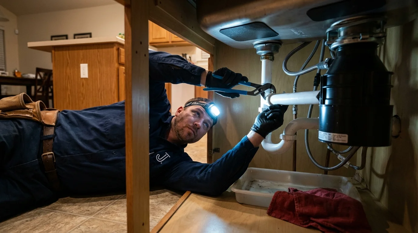 P-trap and supply line connections under a kitchen sink showing a common leak point in Irwinton, GA